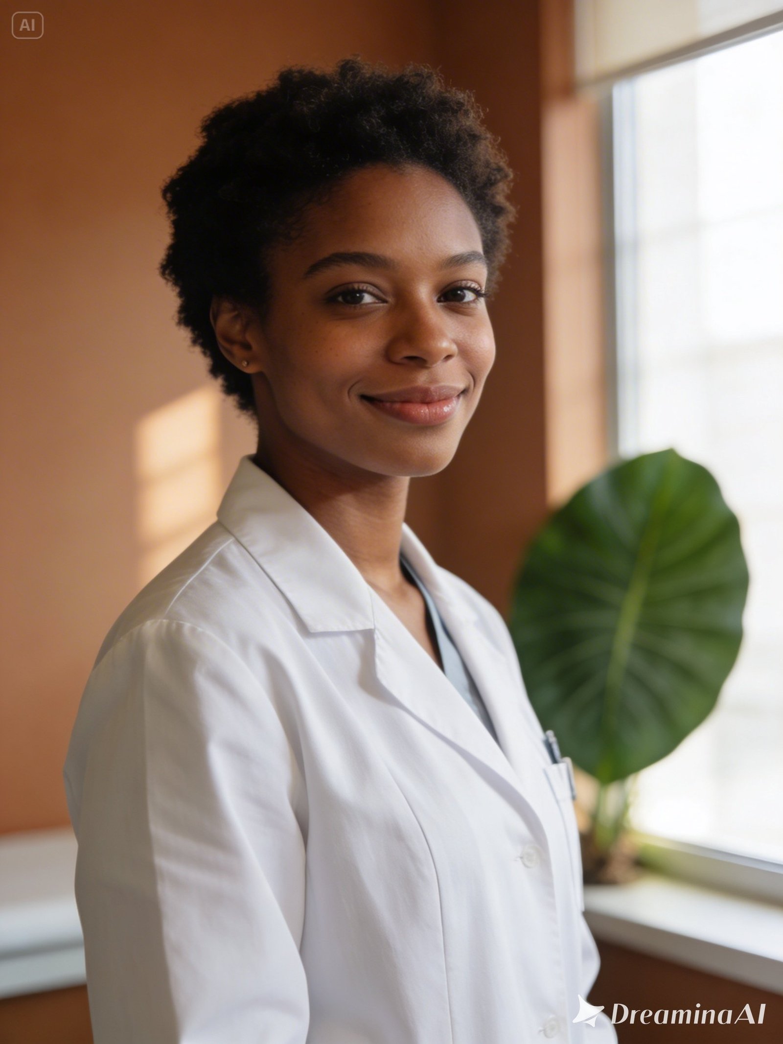 Profissional de saúde olhando para a câmera com expressão acolhedora