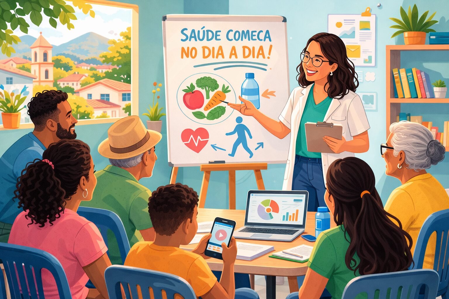 Professora explicando conteúdo de saúde para o grupo