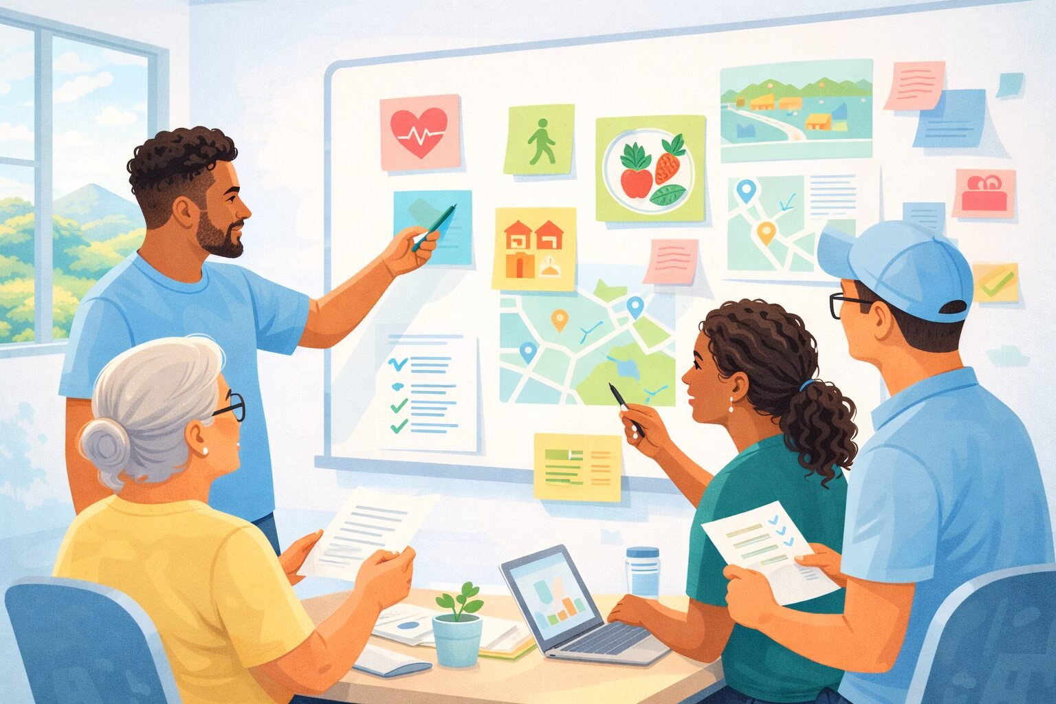 Profissional discutindo com grupo sobre ações de saúde