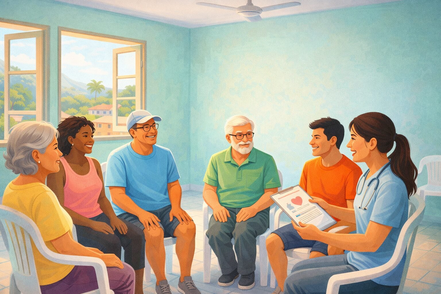 Reunião de pessoas em roda de conversa sobre saúde